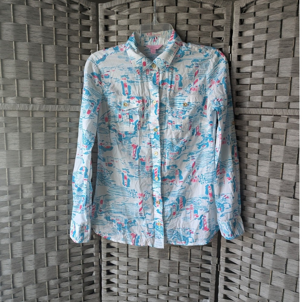 Lilly Pulitzer Button Up‎ Shirt Blue Pink Lighthouse Nautical Sz 0 Lightweight